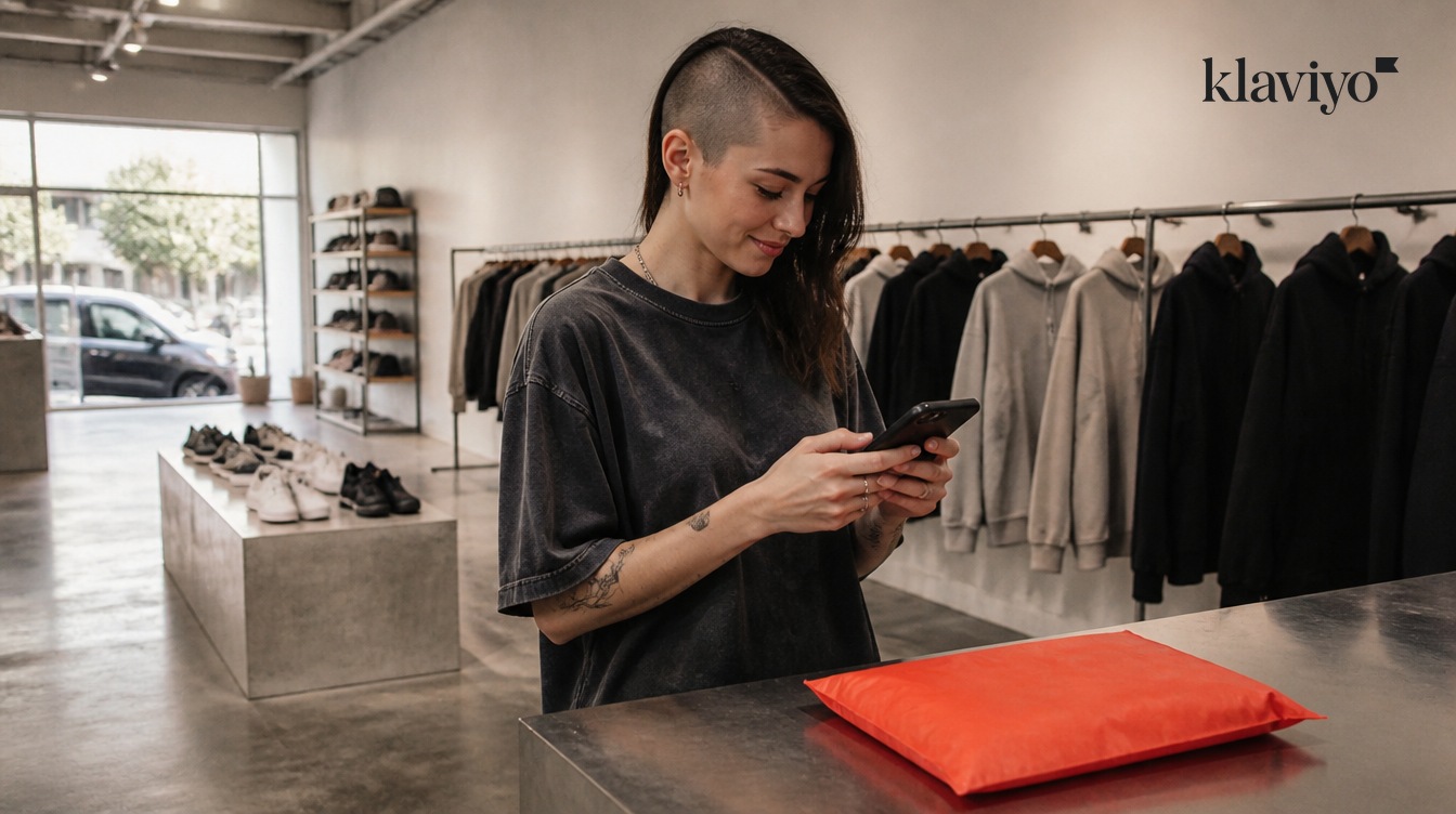 A young woman checking her phone at the steel counter of a streetwear store, a coral mailer beside her, with the Klaviyo logo
