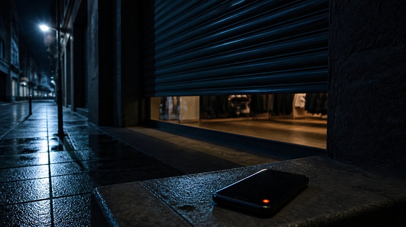 A streetwear store at night with the shutter three quarters down, a phone on the ledge showing a single coral notification
