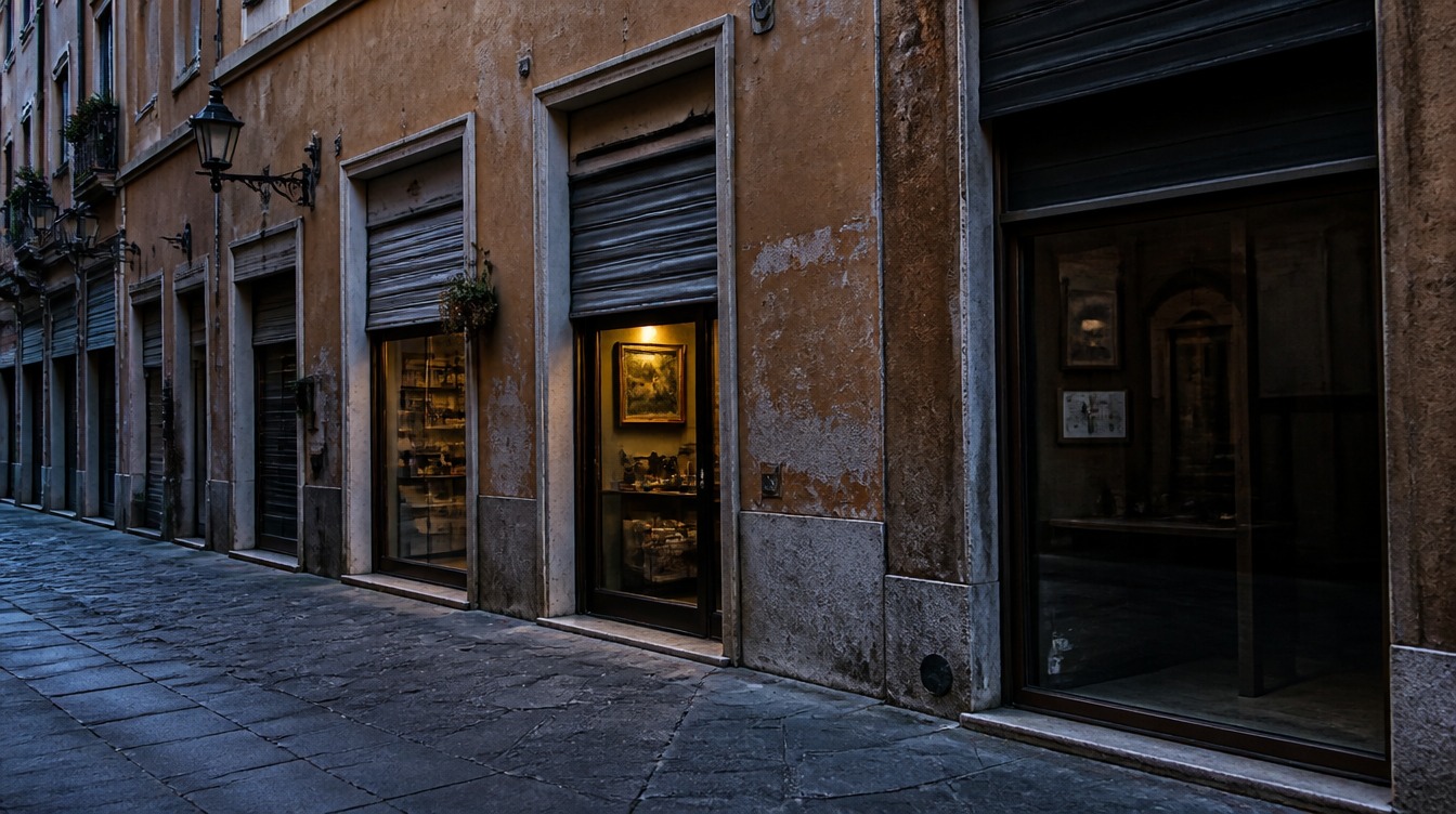 Empty Roman street at dawn with one shop interior lit behind glass