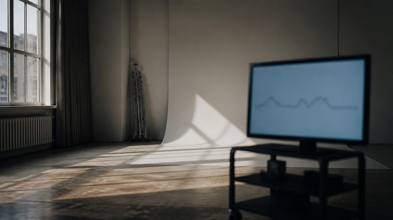 A monitor on a rolling cart in an empty studio, its chart deliberately out of focus