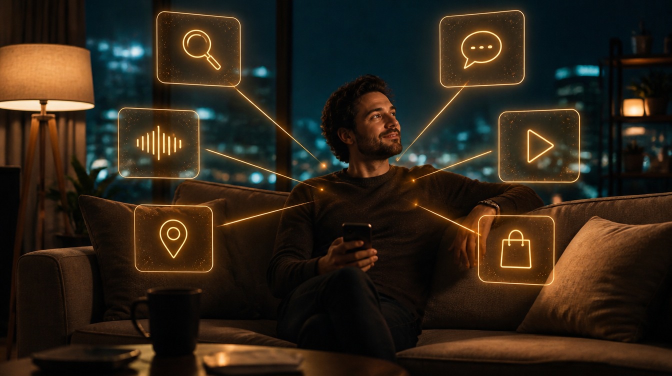 A man on a sofa at night with six glowing panels around him, search, chat, voice, video, maps and shop, each linked back to him