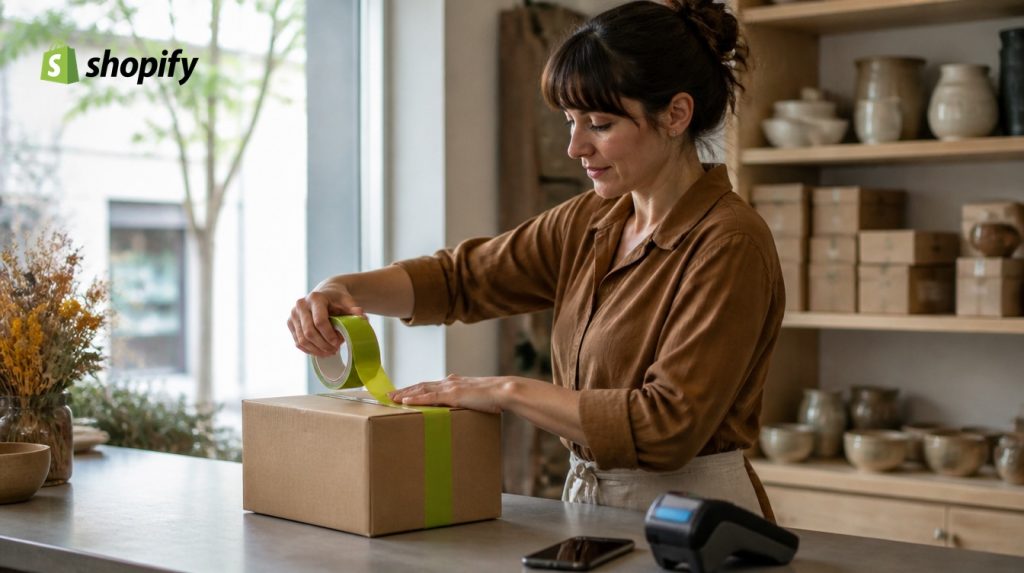 A shop owner sealing a parcel with green tape behind her counter, card reader and phone beside her, with the Shopify logo