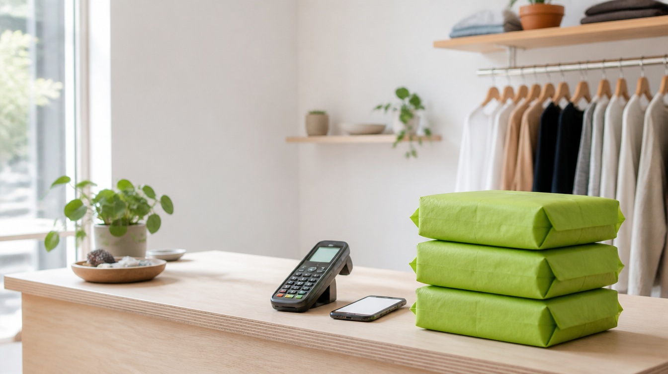 A shop counter in daylight with a card terminal, a phone and three parcels wrapped in green tissue paper