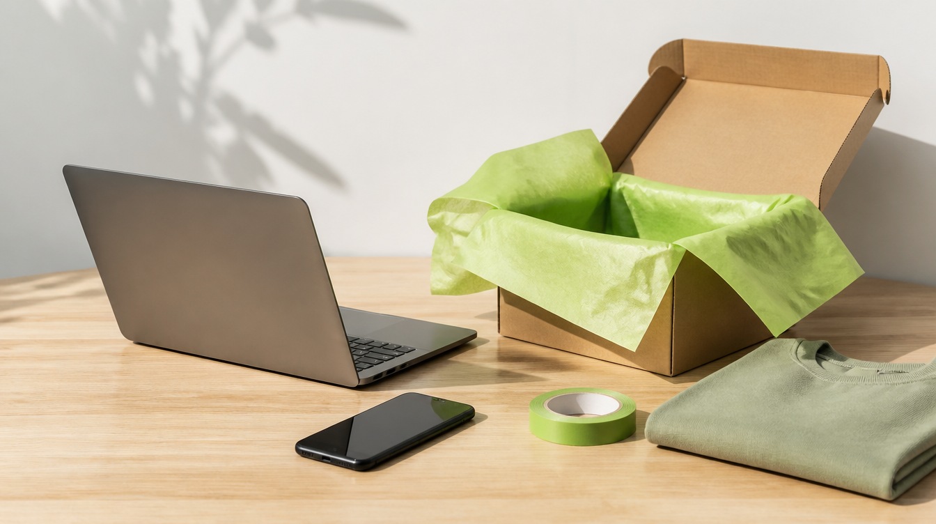 An open shipping box lined with green tissue paper beside a laptop and a phone on a pale wood table