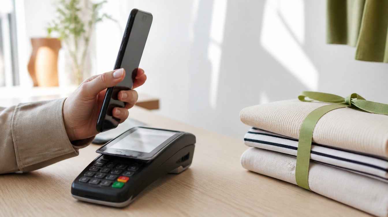 A hand holding a phone at a shop counter beside a card terminal and garments tied with green ribbon